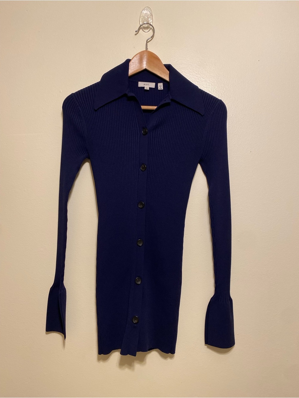 A.L.C. Navy Ribbed Button-Down Mini Dress with Flared Cuffs. Size XS